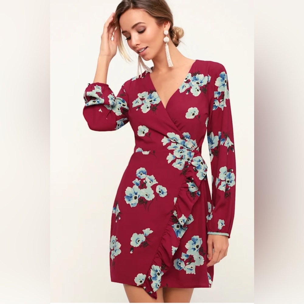 Lulus Fascinating Fun Burgundy Floral Print Long Sleeve Wrap Ruffle Dress